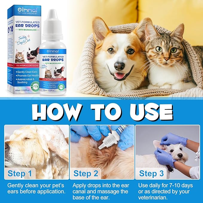 VOSIFSDIY Dog & Cat Ear Infection Treatment Drops, Pets Ear Cleaning Drops with 1% Hydrocortisone for Dog & Cats Yeast Infection, Itchy Ear Relief, Pet Ear Care Supplies for Dogs & Cats -2fl oz