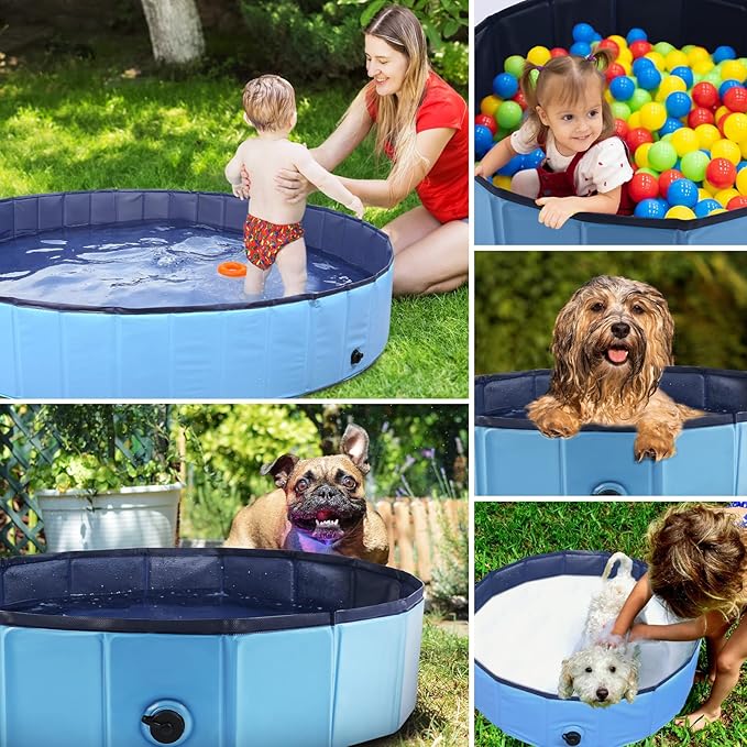 Foldable Dog Pool, Portable Pet Bath Tub and Kiddie Swimming Pool, Collapsible Bathtub for Puppies, Small, Medium and Large Dogs, Cats and Kids, 63 x 12 in, Blue