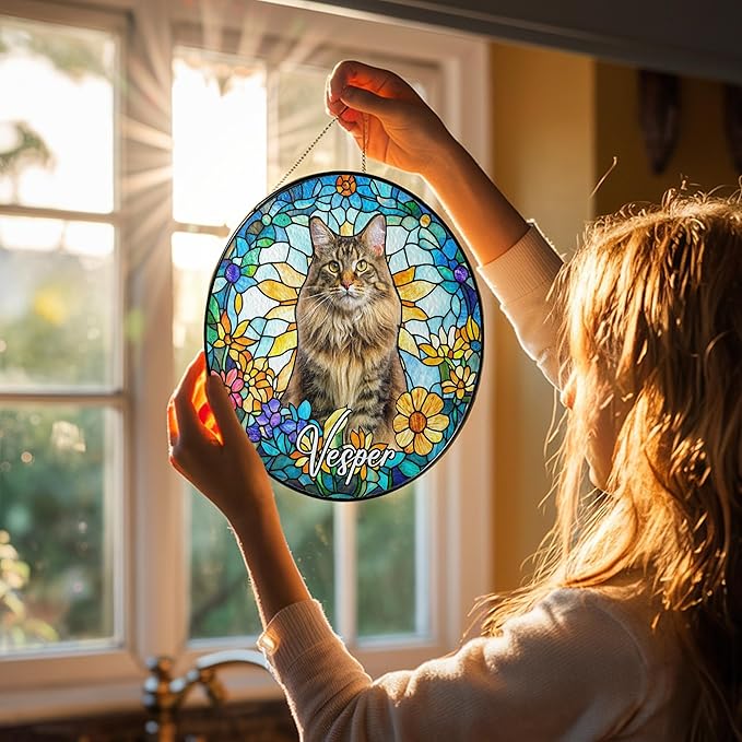 Personalized Cat Portrait Art Suncatcher Stained Glass Remembrance Gift Cat Indoor Decor Window Hanging Dog Bereavement Keepsake Loss of Pet Sympathy with Name Date Portrait