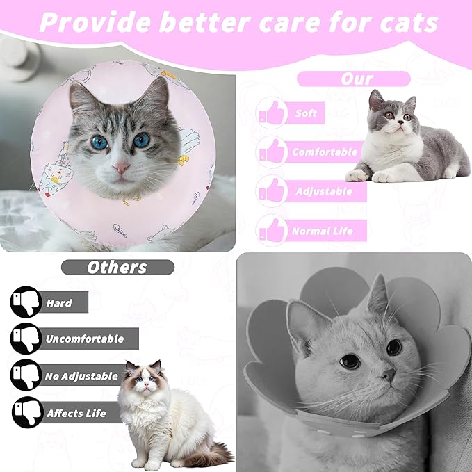 Soft Cat Cone Collar, Cute Cats Recovery Collar Suitable for Small, Medium, Large cat,Elizabethan Neck Collar for Cats After Surgery (Pink Cat, Medium)