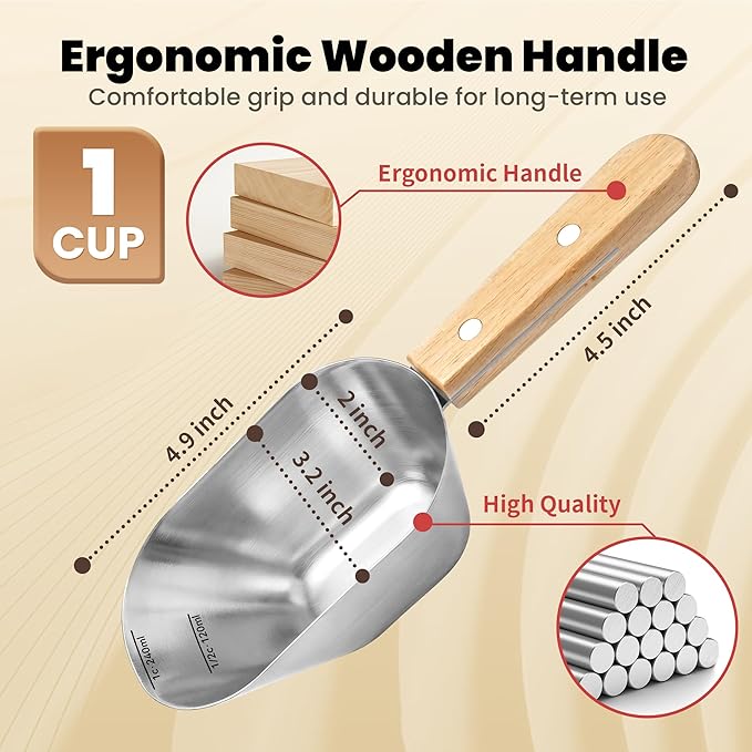 Dog Food Scoop 1 Cup,304 Stainless Steel Cat Food Scoop with Long Wooden Handle,Dog Food Measuring Cup with Precision Scale for Pet Food Rice Flour