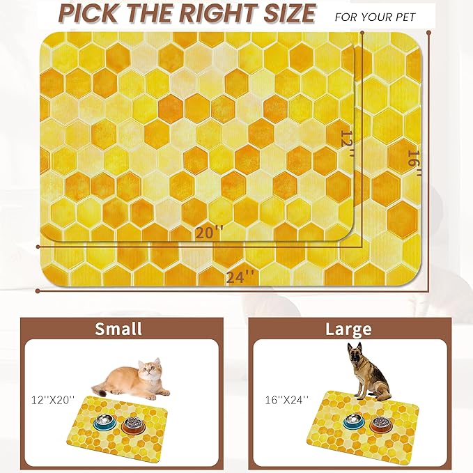 Honeycomb Bee Geometric Dog Food Mat for Floors,Absorbent Quick-Dry Pet Feeding Mat,Cat Dog Bowl Mats for Food and Water,Non-Slip Pet Accessories Supplies 12"x20"