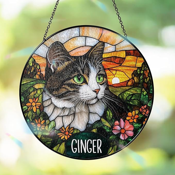 Custom Cat Portrait Art Suncatcher Stained Glass Remembrance Gift Dog Indoor Decor Window Hanging Dog Cat Bereavement Keepsake Loss of Pet Sympathy with Name Date Portrait Gifts