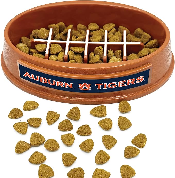 NCAA Super-Bowl - Auburn Tigers Slow Feeder Dog Bowl. Football Design Slow Feeding Cat Bowl for Healthy Digestion. Non-Slip Pet Bowl for Large & Small Dogs & Cats