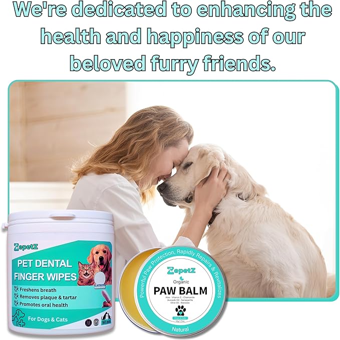 Pet Care Bundle for Dogs & Cats – 2-in-1 Paw & Nose Balm (1.75oz) + Dental Finger Wipes (50pcs) | Heals, Moisturizes & Soothes | Freshens Breath, Reduces Plaque & Tartar | Organic & Natural