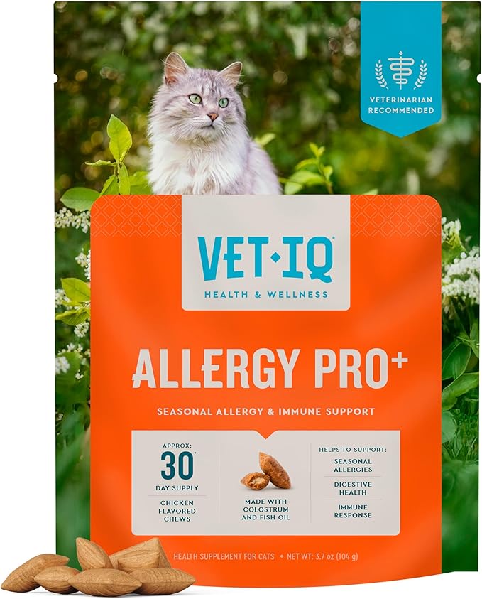 VetIQ Allergy Pro+ Relief for Cats, Cat Allergy Supplement & Vitamins with Probiotics, Fish Oil, Tart Cherry, Skin & Coat Support, Sneezing & Itching Relief, Seasonal Allergies, 3.7oz
