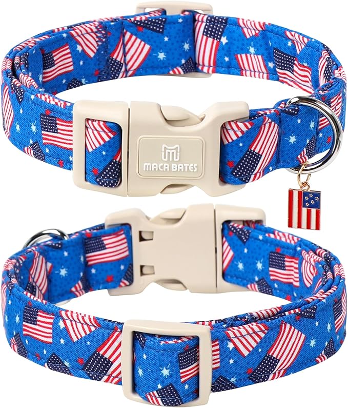Maca Bates American Flag Basic Dog Collar with Safety Buckle 4th of July Patriotic Dogs Collars Adjustable Soft Blue 4 of 7 Independence Day Gift for Small Medium Large XL Boy Girl Male Female Puppy
