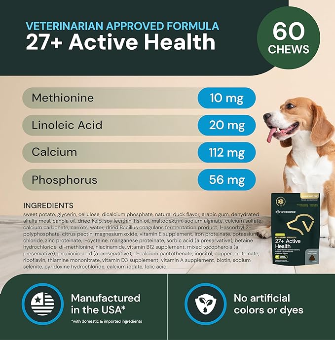 VetriScience Veterinary Strength 27+ Active Health Chews - Comprehensive Dog Multivitamin for Dog Health & Wellness - Digestive Support - Duck Flavor - 60 Count