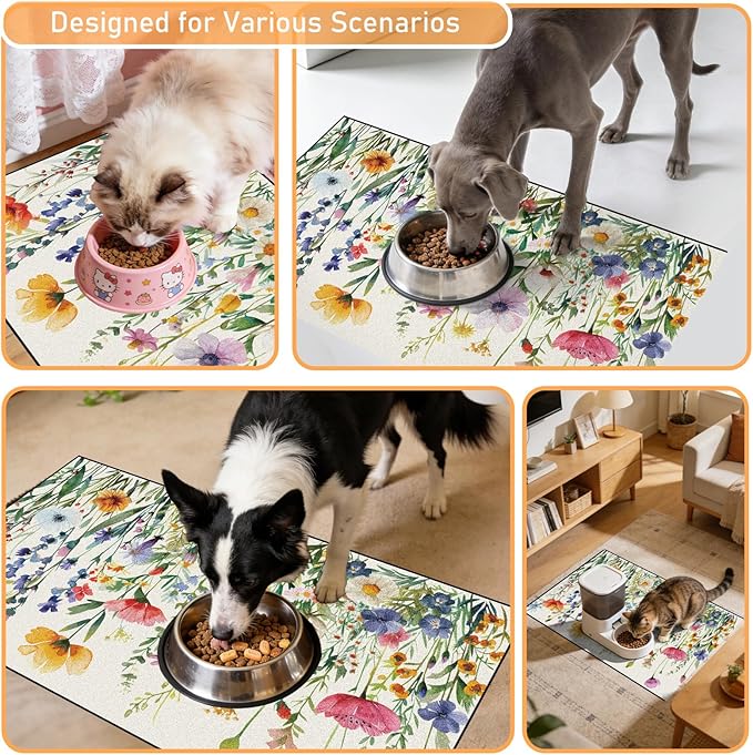 Dog Cat Food Mat - Absorbent Anti Slip Dog Bowl Mats for Food and Water, Quick Dry Cat Feeding Matts for Floors, Diatomite Pet Dish Placemat Accessories Supplies, Wildflower Style, 17 * 30in