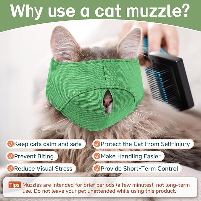 BARKLESS Cat Calming Muzzle for Grooming & Nail Trimming, Oxford Muzzle with Shading Design to Help Calm The Cat Down, Soft Head Cover to Prevent Biting & Scratching (Green, L)