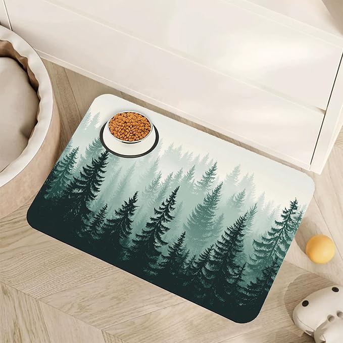 Misty Forest Pet Feeding Mat,Absorbent Quick-Dry Cat Dog Food and Water Bowl Mats,Non-Slip Rubber Backing Mat,Cat Dog Accessories Supplies 16"x24"