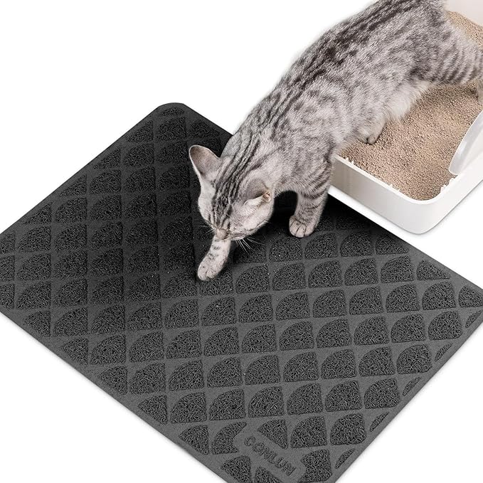 Conlun Cat Litter Mat Litter Trapping Mat, 24”x 17” Premium Durable PVC Cat Litter Box Mat with Scatter Control, Non-Slip, Less Waste Kitty Litter Mat, Soft on Kitty’s Paws, Urine Waterproof, Black