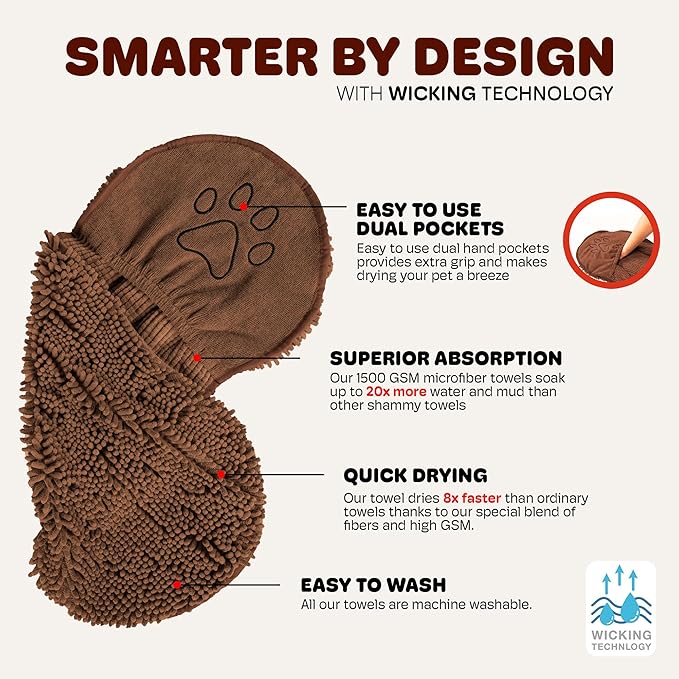 Dog Gone Smart The Dirty Dog Shammy - 2-Pack, Fast Drying Plush Shammy Towel with Dual Hand Pockets and Elastic - Super Absorbent Microfiber and Machine Washable - 31 × 13 in, Brown