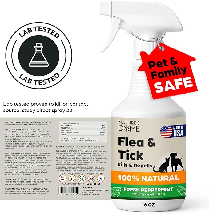Nature’s Dome Peppermint Flea & Tick Spray – 16 oz – Kills & Repels Fleas, Ticks, Larvae & Eggs – Plant-Based Pest Control – Safe for Pets, Kids & Plants – Ready-to-Use