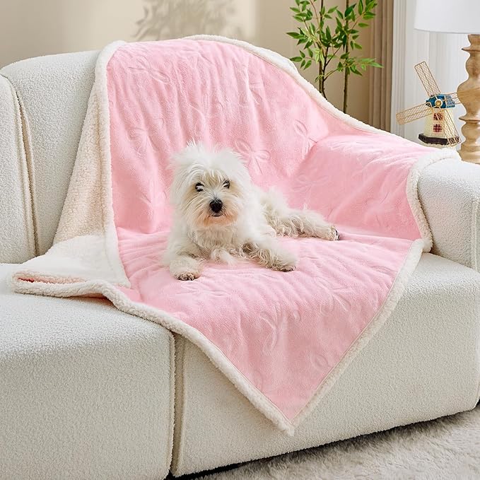 Qeils 1 Pack 3 Dog Blankets for Small Dogs - 3 pcs Waterproof Dog Blanket Washable - Soft Sherpa Fleece Puppy Blanket for Kitten Doggy, Warm Cat Blankets for Indoor Cats, 16"X23", Pink Bows