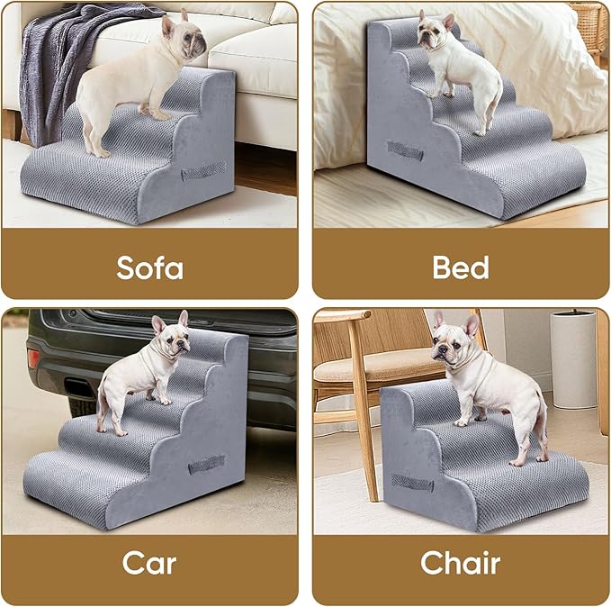 PAWSCART Dog Stairs for Small Pets, 17.7" H with 30D Material Soft Foam, Portable Ramp Non-Slip Surface Non-Slip for Couch and High Bed Climbing, 3-Step Stairs for Cat or Dog, LightGrey