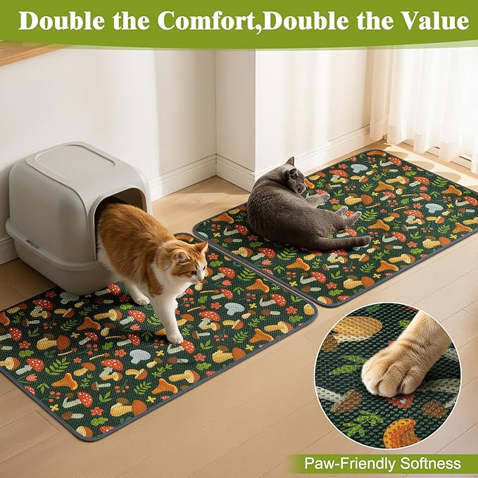 Unicorn Catcher 40X30in 2packCat Litter Mat Machine Washable Soft 3D Air Mesh Litter Box Rug Non-Slip Backing Quick Dry Scatter Control for Paws,Green Mushrooms