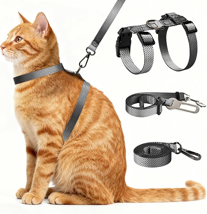 Cat Harness and Leash Set, 3-in-1 Escape Proof Adjustable, Comfortable Soft Lightweight, Safe, Easy to Wear, Walking Travel Kitten Harness for Small Medium Cats (Grey)