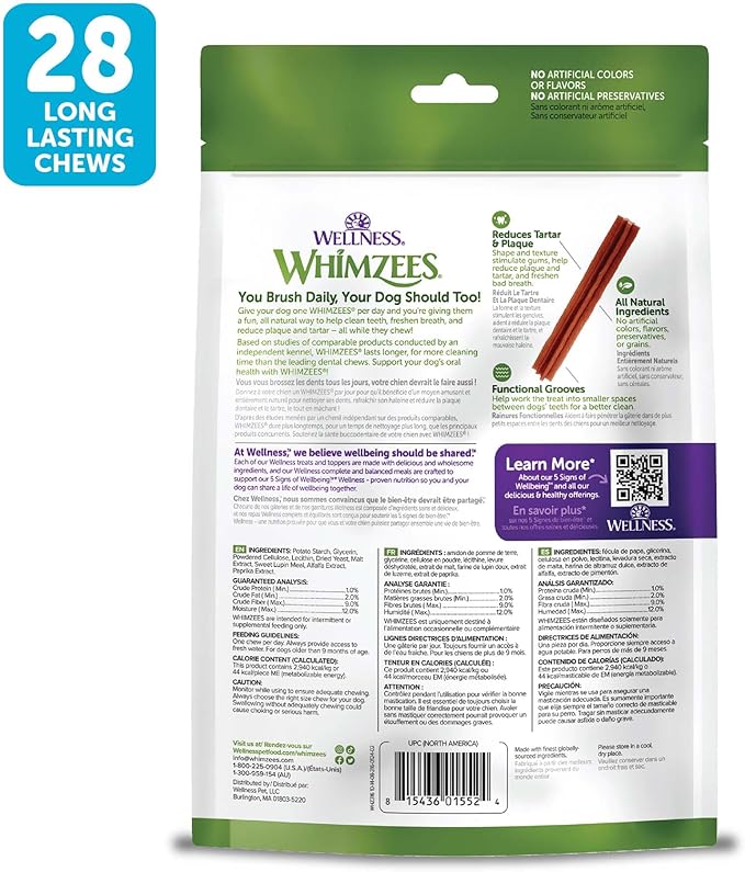 Whimzees Wellness Stix Dog Dental Treats, Small Size Stick, (28 Count)