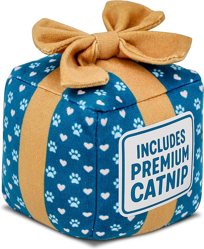 Gift Box Catnip Toy – Birthday Cat Toy with Catnip & Crinkle, Cute Plush Present for Indoor Cats, Birthday & Valentines Day Cat Gift