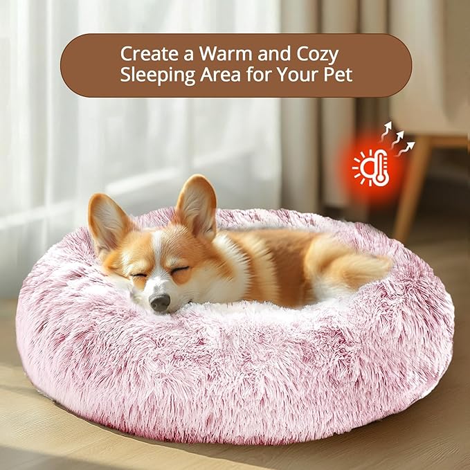 JOLLYVOGUE Calming Dog Bed Large Size Dog, Anti-Anxiety Donut Large Pet Bed, 36 inches Fluffy Faux Fur Round Cat Bed, Fits up to 75 lbs Pets (Smoke Pink)