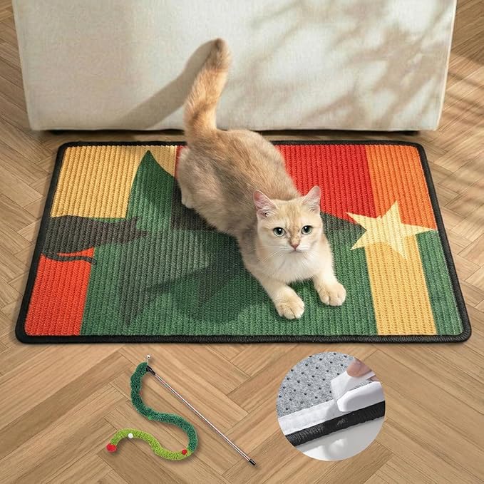 Conlun Cat Scratcher Mat,Sisal Cat Scratch Pad,Horizontal Floor Cat Scratching Pads Rug for Indoor Cats,Protector for Wall&Carpets&Sofas,Kitty Xmas-Gift, Includes Cat Toy (M, Christmas)