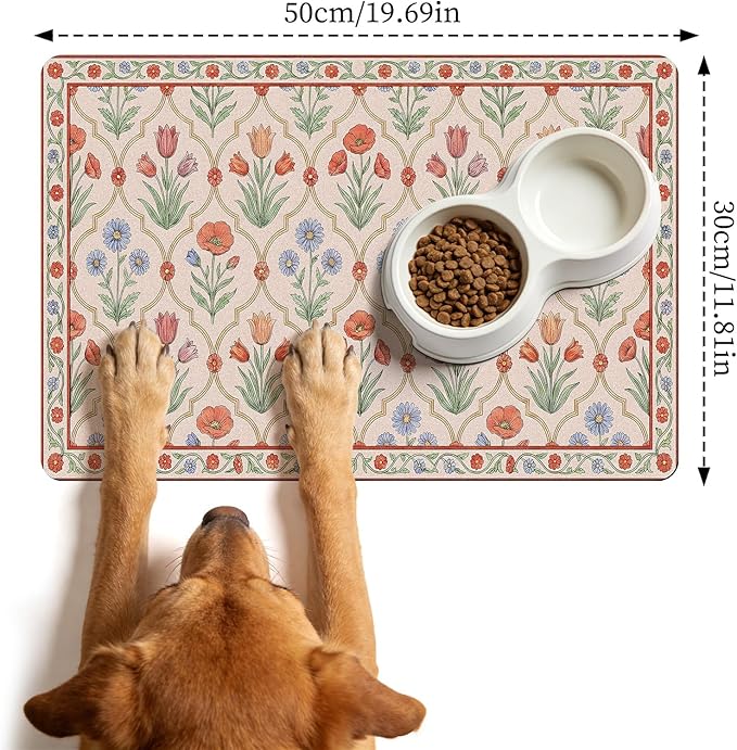 Dog Bowl Mat for Food and Water - Hamdwerk Absorbent Anti Slip Cat Feeding Mats for Floors, Quick Dry Pet Dog Feeding Matts, Diatomite Pet Dish Placemat Supplies, Vintage Floral Style, 12 * 20in