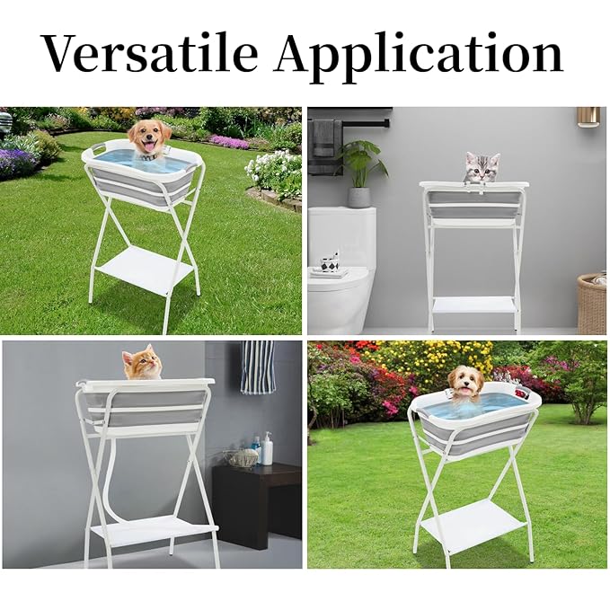 2 in 1 Dog Bathtub Small Pet Bathtub with Stand, Foldable Pet Bath with Drainage Tube, Portable Dog Washing Station for Small Dogs Cats, Indoor & Outdoor, 110.23lbs Load, 26'' L×16.5‘’ W×38.8'' H