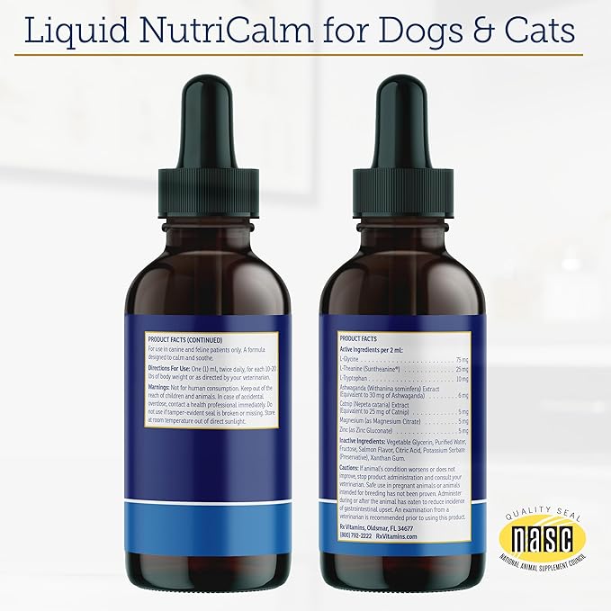 Rx Vitamins Liquid NutriCalm Cat & Small Dog Anxiety Relief - Sleep Aid - Calming Supplement - Dog Bark Control & Stress Relief - Salmon Flavor - 4 oz