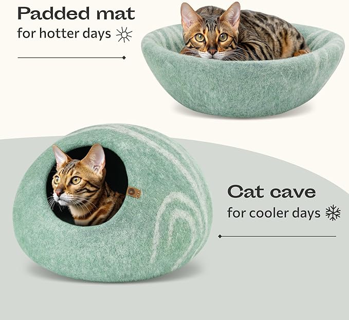 MEOWFIA Cat Cave – Premium Felt Cat Bed for Indoor Cats, Handmade Merino Wool (Pistachio, Medium)