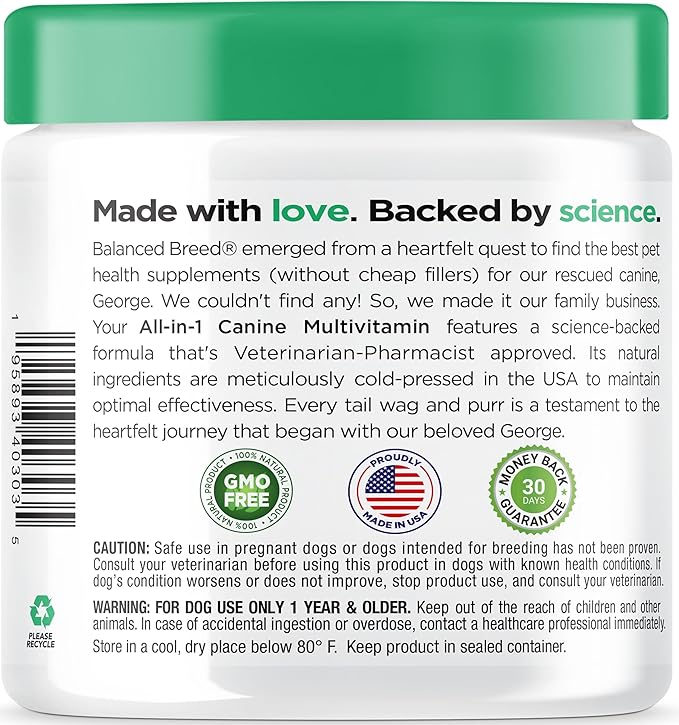 Balanced Breed All-in-1 Dog Vitamins Supplements Made in USA Vet-Pharmacist Approved Dog Multivitamin Probiotics Glucosamine Chondroitin Dogs Salmon Oil Skin Coat Immune Senior Dogs Supplement NonGMO