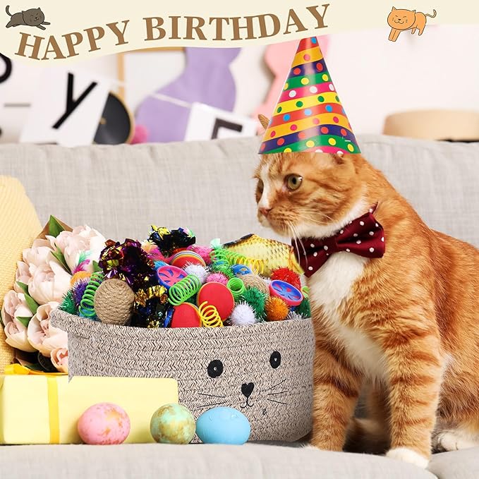 Zopeal 58 Pcs Valentine's Day Cat Storage Basket Gift Toys Set, Colorful Flashing Balls Pet Bell Crinkle Balls Spring Toys Attract Cat to Swat, Hunt, Interactive for Pet(Dark Brown,12 Inch)