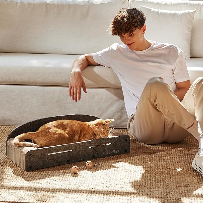 FUKUMARU 26 Inch Cat Scratcher Cardboard Lounge Bed, 2 Reversible Cat Scratch Pads Refill for Indoor Cats, Durable Cats Scratching Boards Extra Large Lounger Bed Sofa Couch with Ball Toy, Grey