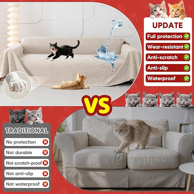 Cat Scratch Furniture Protector - Anti-Slip, Waterproof Sofa Cover to Keep Cats Off, Pet-Friendly Couch Protectors for 3 Cushion Couch, Khaki Anti-Scratch Couch Cover for Pets and Kids 118"X71"