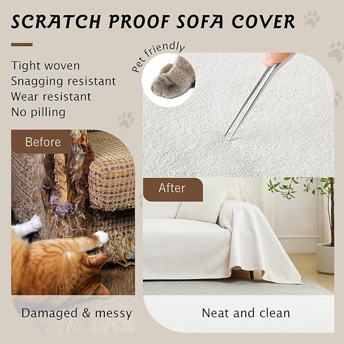PuTian 100% Waterproof Couch Cover for Dogs - Anti-Scratch Washable Non Slip 2 Cushion Cover Blanket for L Shaped Sectional Recliner Chair Sofa Slipcover for Pet Cats Kids, 71''X134'' Creamy White