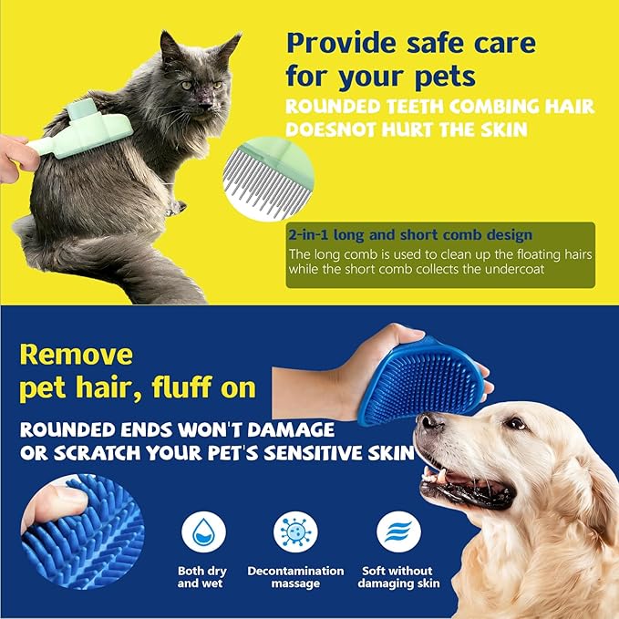 4-in-1 Pet Hair Removal Kit, Reusable Lint Roller, Anti-Slip Glove, Deshedding Comb, Portable Sticky Roller for Cats and Dogs（Blue）