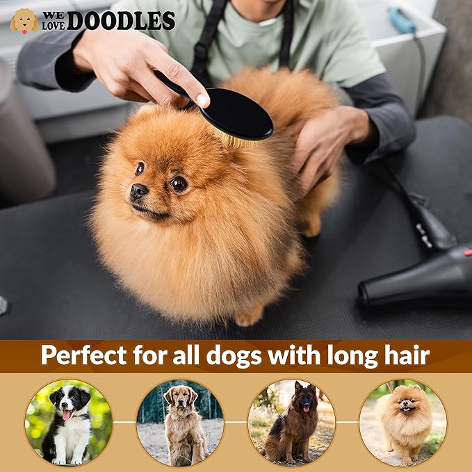 Pin Brush for Dogs, Pet Grooming Detangler Pin Dog Brush, Dog Brush for Shedding and Removing Loose Fur, Lightweight Beech Wood with Silver Plated Pins for Dogs with Long Hair [We Love Doodles]