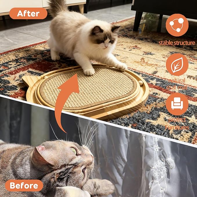 Wooden Interactive Cat Scratcher Toy with Ball Track, Sisal Scratch Pad for Indoor Cats, Kitten Toys for Chasing Hunting Mental Physical Exercise(17.4in*12.99in)