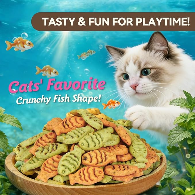 Catnip Cat Treats, Chicken & Salmon Flavor Crunchy Cat Biscuits, Fish-Shaped Training Snacks for Adult Cats, 30 oz