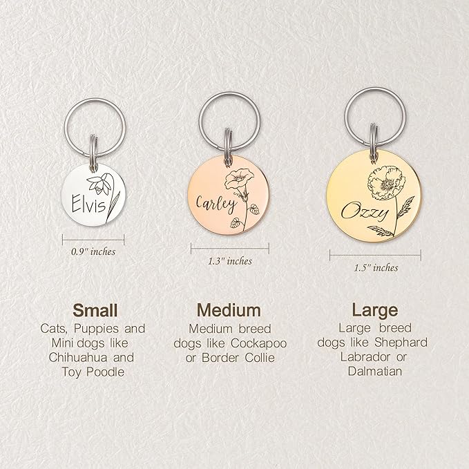 Anavia Floral Pet ID Tags, Birth Month Flowers Theme Dog Tag Round Bone Shape Cat Name Tag, Glossy Stainless Steel Gold Plated Dog Collar Tag (Round - Single Stem - Gold, Medium)
