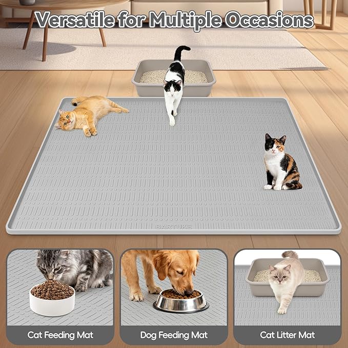 Kalolary Large Cat Litter Box Mat, 47" x 35" Silicone Litter Trapping Mat for Cats, Trapping Mat for Scatter Control with Raised Edge Waterproof Silicone Pad for Floor Easy to Clean (Light Gray)