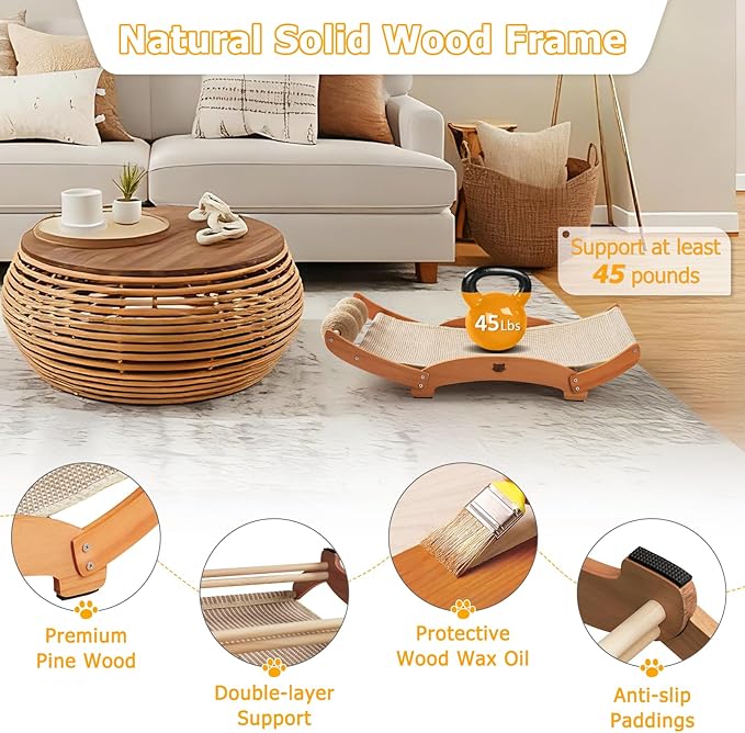 Extra-Larger Sisal Cat Scratcher Bed with Ball, 3-in-1 Cat Scratching Pad with Hammock, Natural Sisal with Solid Wood Frame Cat Scratch Post for Indoor Cats Lounger & Sleep & Scratch