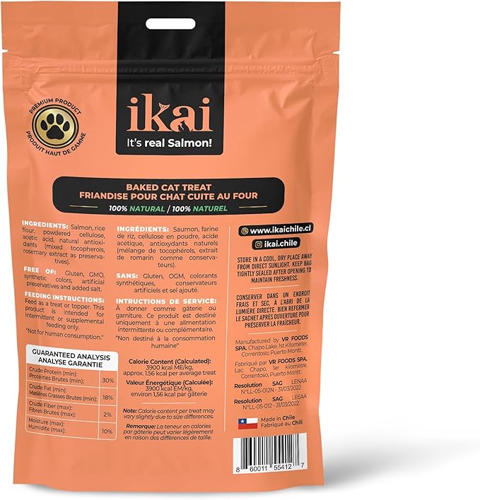 IKAI - Patagonian Salmon Cat Treats - Premium 100% Natural Treats - Hypoallergenic, with Omega 3 & 6 for Healthy Skin & Glossy Coat, Oven-Baked, Grain-Free, No Added Salt - 3 oz