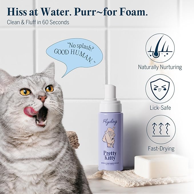 Pretty Kitty Waterless Cat Dry Shampoo with Grooming Glove (Left-Handed)– No Rinse, Lick-Safe, Moisturizing for Dry Skin, Dandruff, Deshedding, Wash Soap Spray Foam for Kitten
