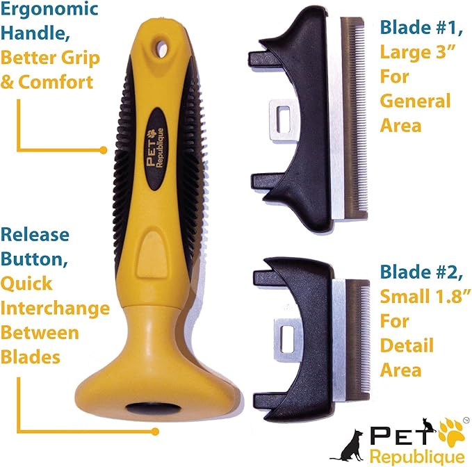Pet Republique Dog Deshedding Tool - for Dogs, Cats, Rabbits, Any Furry Pets – Reduce Shedding – with 1.8 inches Small and 3 inches Large Replaceable Blades