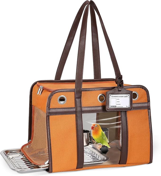 Sanmoncare Stylish Bird Carrier with PU Leather Handle, Portable Travel Cage for Cockatiels & Conures, Lightweight Parrot Bag with Stainless Steel Tray, Vet Visit, Brown