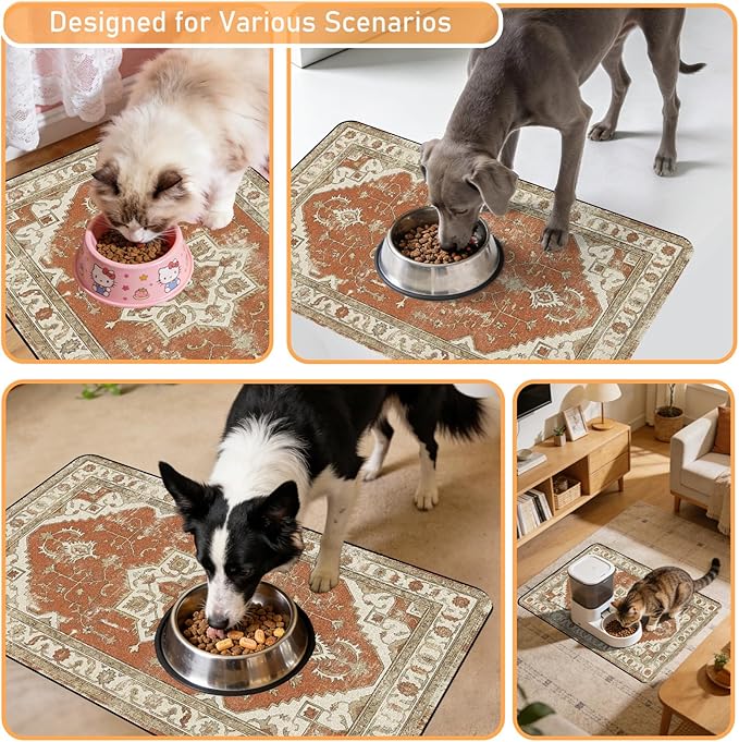 Dog Food Bowl Mat - Absorbent Quick Dry Dog Feeding Mats for Food and Water, Anti Slip Cat Bowl Placemat for Floors, Diatomite Pet Dish Matts Accessories Supplies, Bohemia Style, 12 * 20in