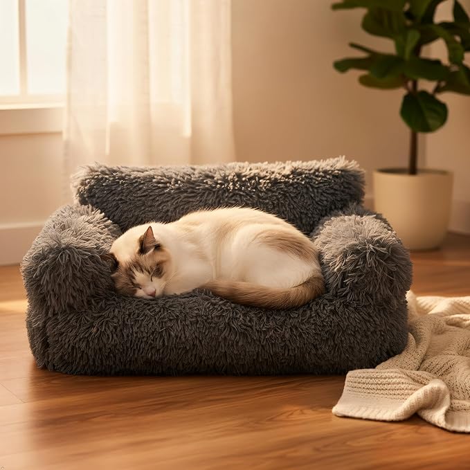 Plush Cat Couch Bed - Cat Bed for Indoor Cats, Dog Sofa Bed, Long Plush Calming Pet Couch with Removable Cover, Anti-Anxiety Pet Sofa for Small/Medium Pets (26×18×12in, Dark Gray)