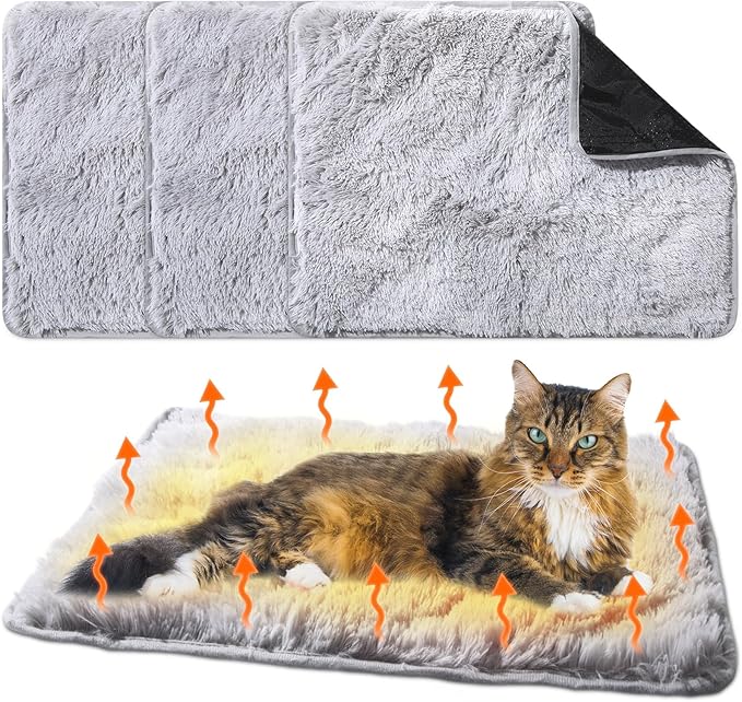 Drydiet 4 Pack Self Warming Cat Pad Self Heating Cat Mat Thick Faux Fur Plush Pet Bed Thermal Washable Dog Mat Anti Slip Bottom for Outdoor Indoor Pets(Grey,18" X 24")