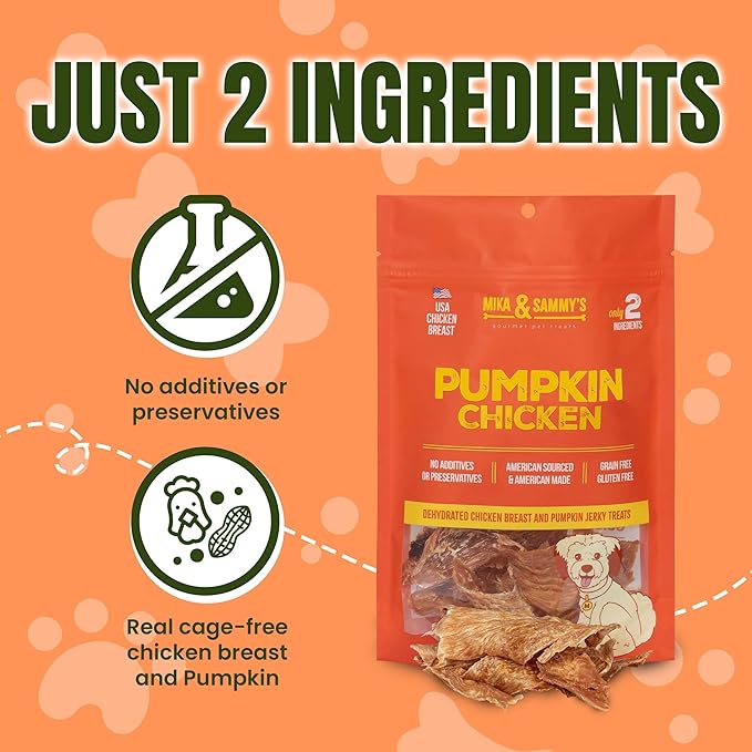 Gourmet Chicken Jerky Dog Treats Made in The USA. Cage-Free, No additives (Pumpkin Chicken 5 0z)
